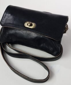 A black crossbody handbag