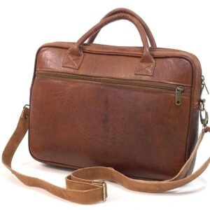 A brown leather briefcase with a strap