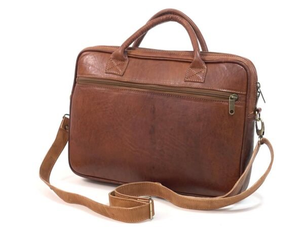 A brown leather briefcase with a strap