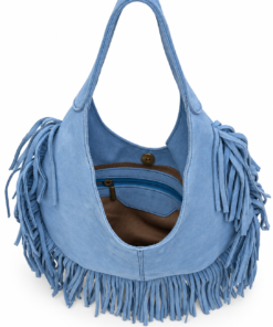 Dusty Blue Suede Fringe Hobo Bag - Image 4