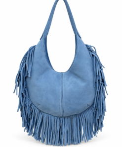 Dusty Blue Suede Fringe Hobo Bag