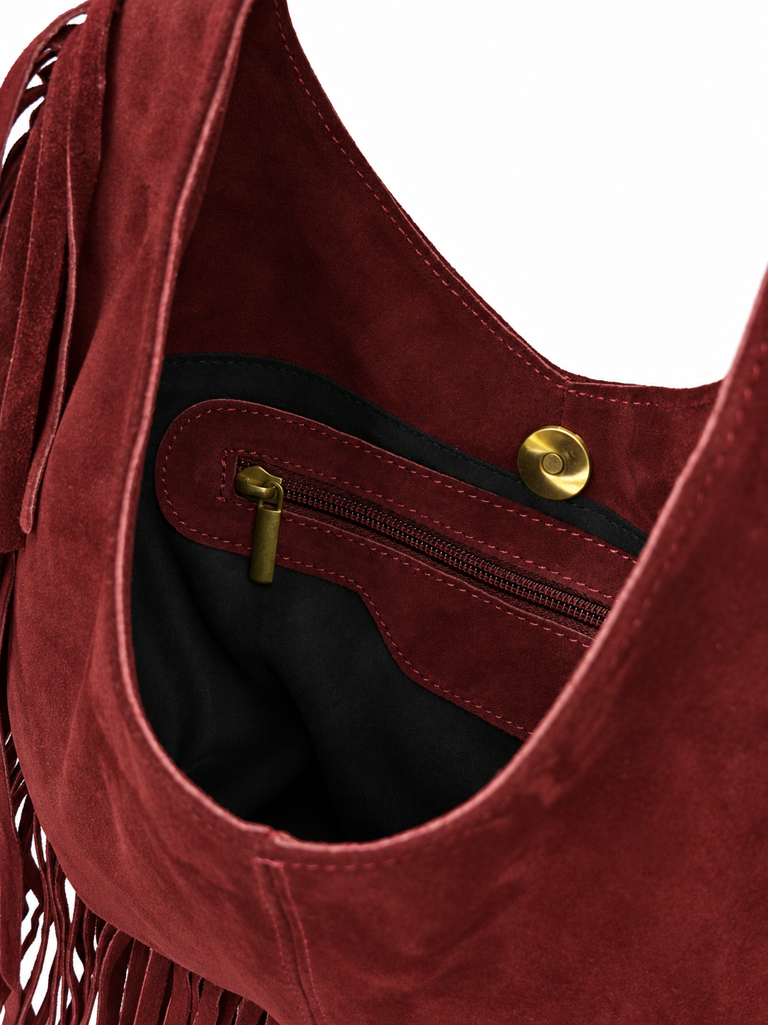 Burgundy Suede Fringe Hobo Bag - Image 4