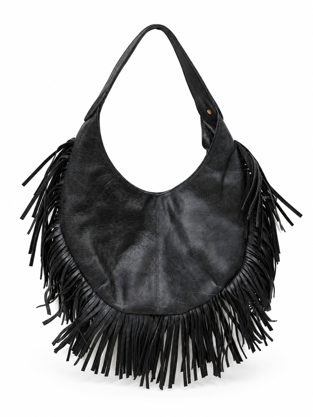 Distressed Black Leather Fringe Hobo Bag