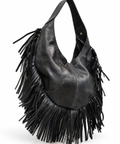Distressed Black Leather Fringe Hobo Bag - Image 4