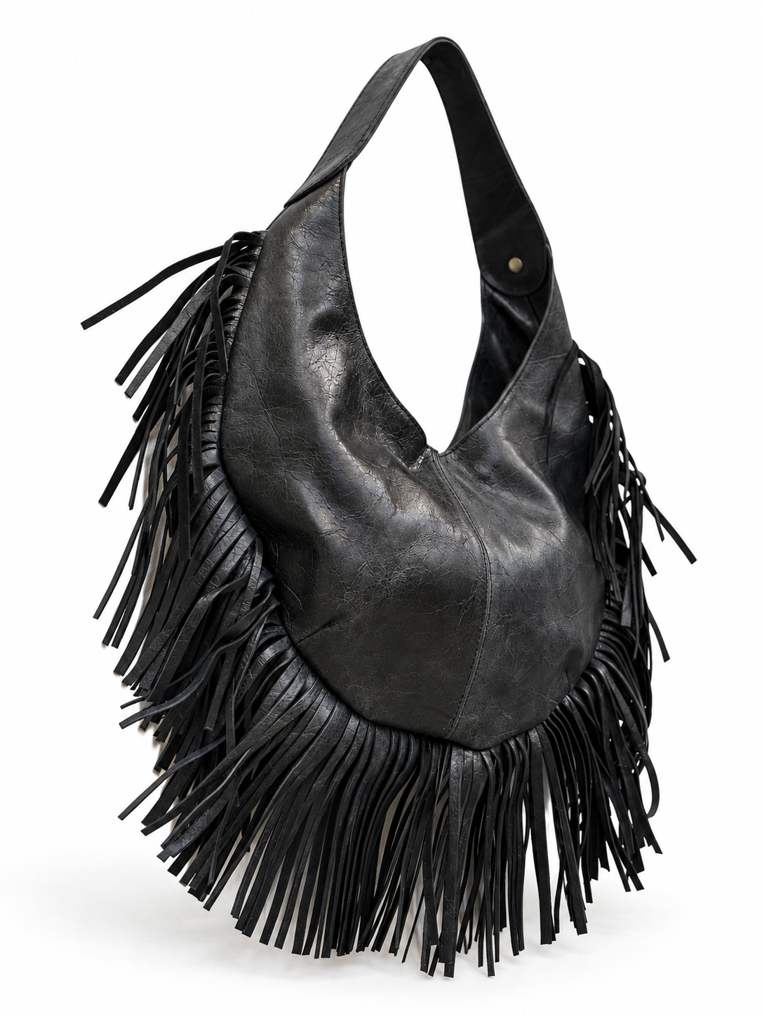 Distressed Black Leather Fringe Hobo Bag - Image 4