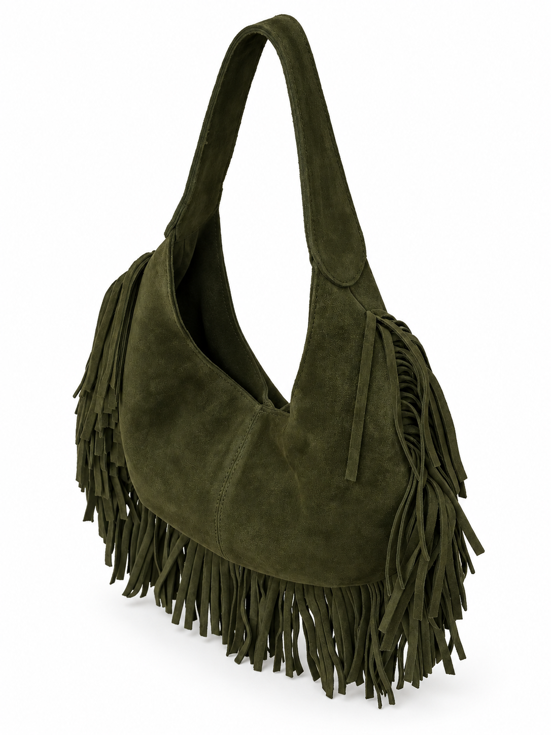 Olive Green Suede Fringe Hobo Bag - Image 2