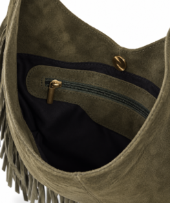 Olive Green Suede Fringe Hobo Bag - Image 5