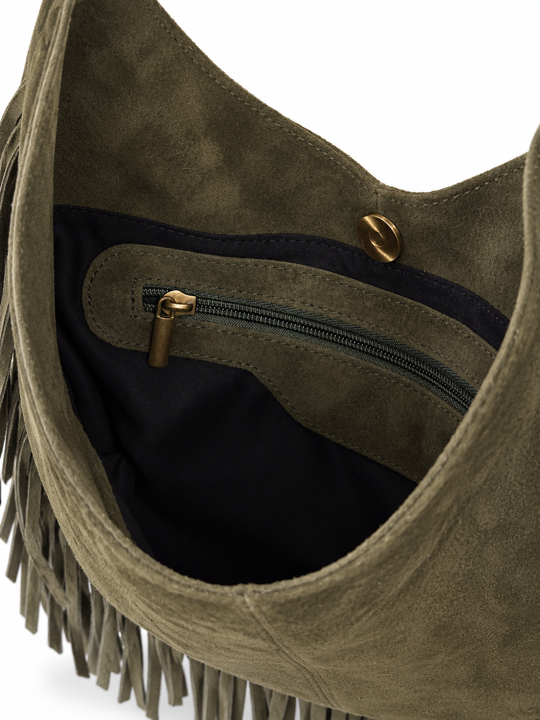 Olive Green Suede Fringe Hobo Bag - Image 5