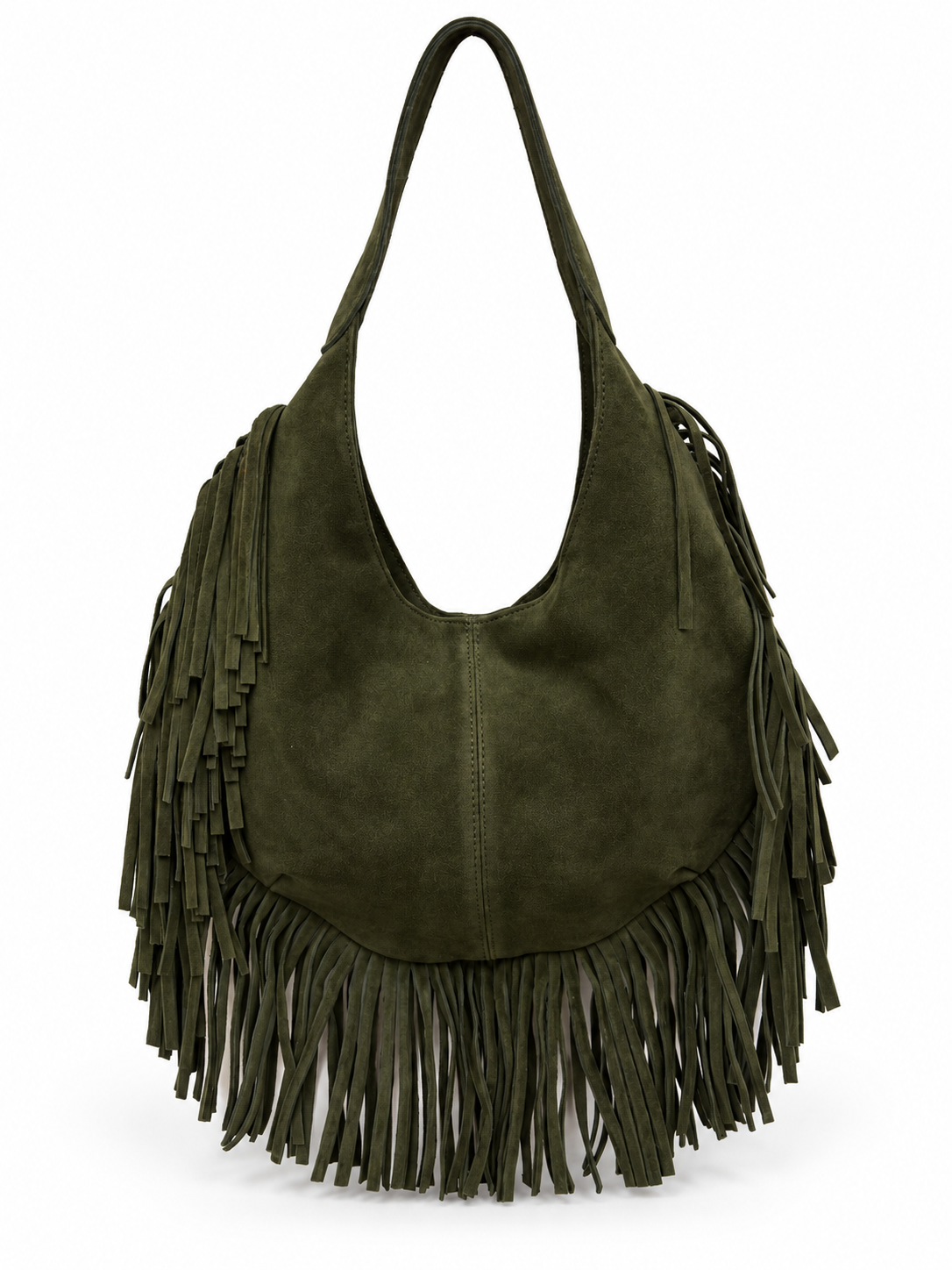 Olive Green Suede Fringe Hobo Bag