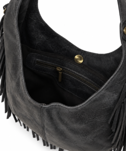 Distressed Black Leather Fringe Hobo Bag - Image 6