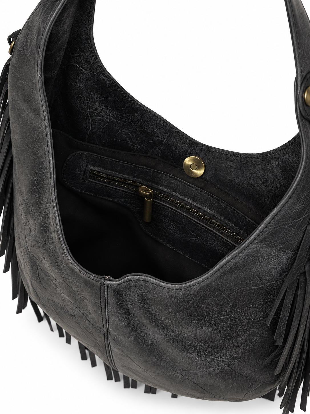 Distressed Black Leather Fringe Hobo Bag - Image 6