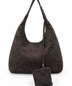 Charcoal Woven Suede Hobo Bag with Pouch