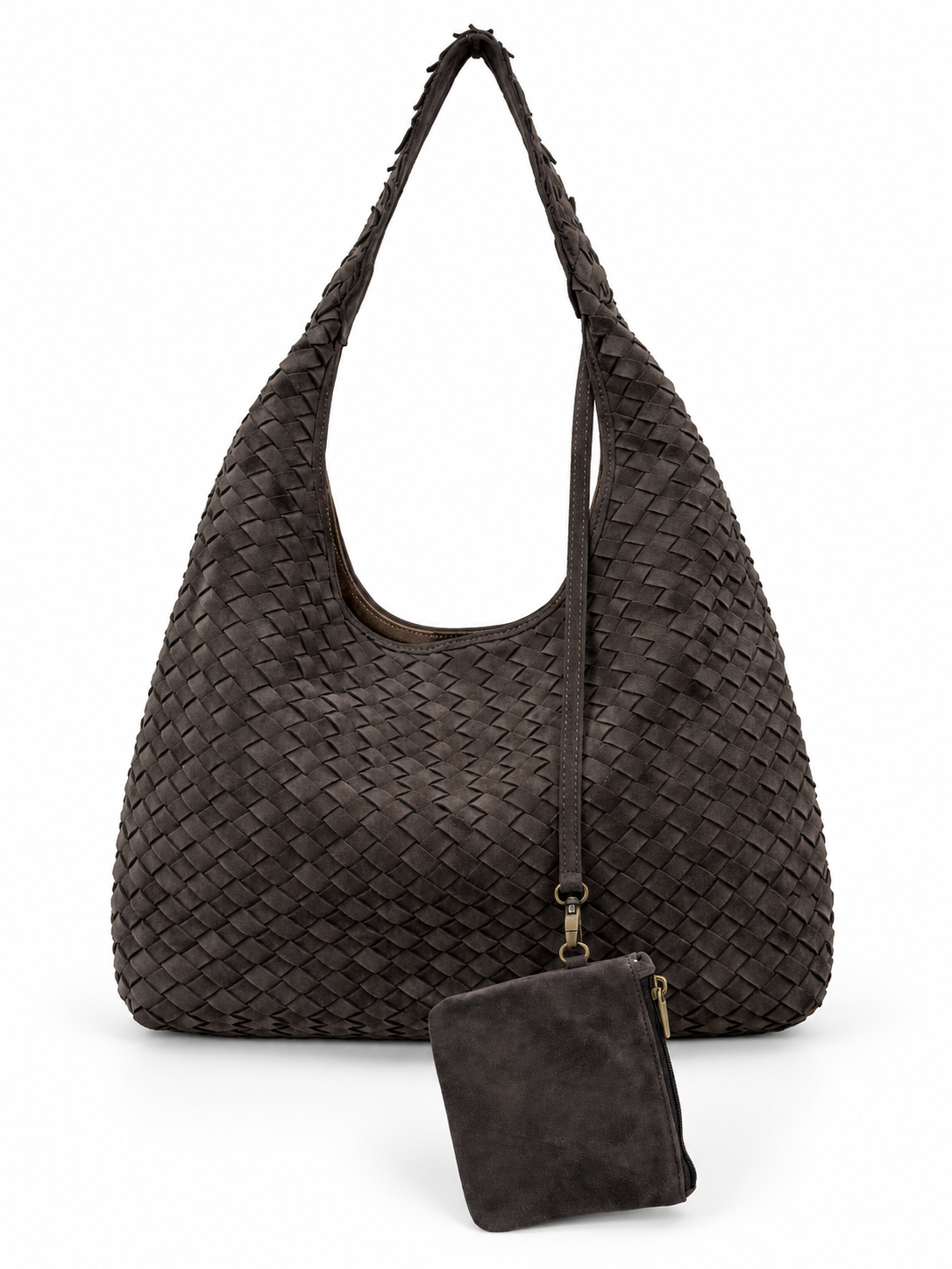 Charcoal Woven Suede Hobo Bag with Pouch